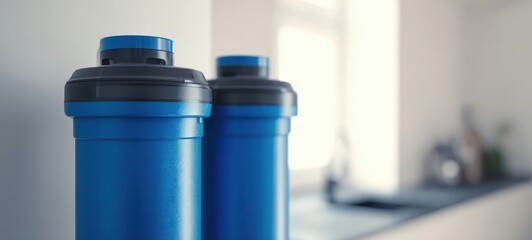 The Blue Protein Shaker Bottles on Kitchen Counter with Soft Focus Background