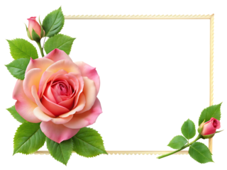 Pink rose and buds with green leaves on gold frame