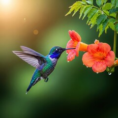 Obraz premium Hummingbird sips nectar from vibrant orange flower in lush green garden with sunlight