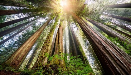 Generative AI: Sunlit Redwood Forest Scene With Skyline View, Majestic Trees, and Sunbeams