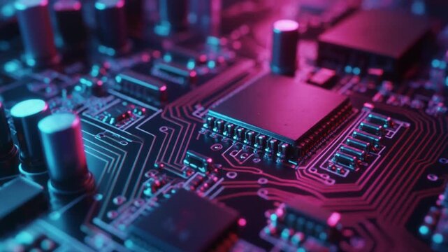 Futuristic circuit board macro shot with glowing neon pink and blue lights highlighting intricate pathways and microchips symbolizing advanced technology innovation digital data processing and