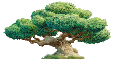 Large, lush tree with a gnarled, textured trunk and full green foliage, against a black background