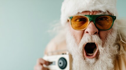 An elderly man with a playful expression wearing a Santa hat and vibrant sunglasses, joyfully holding a vintage camera in front of a turquoise backdrop.