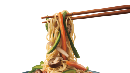 Chopsticks holding asian style noodles with vegetables and mushrooms delicious meal isolated on transparent white background