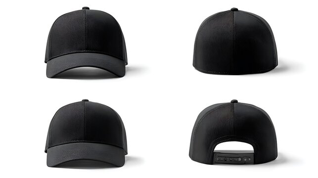 Four views of a black baseball cap on a white background, concept for apparel design and branding.