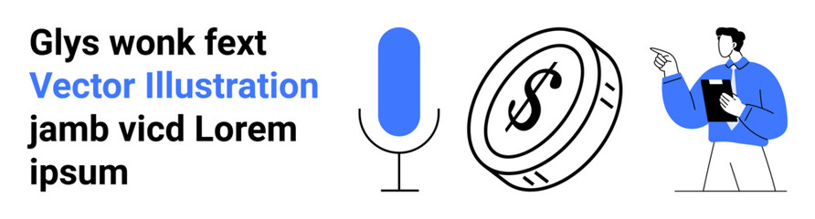 Finance, communication, technology, business presentation, economic strategy, digital tools. A microphone, a coin with a dollar sign and a businessman pointing at text. Communication and finance