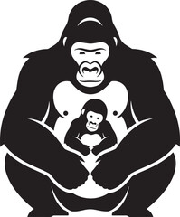 Gorilla mother holding baby primate in protective embrace black and white stencil artwork