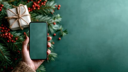 A person holding a smartphone amidst beautiful seasonal decorations, encapsulating the warmth of the holidays and the interaction between modern technology and festive traditions.