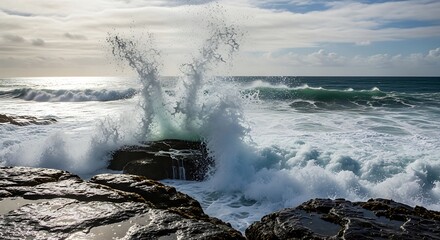 Powerful ocean waves crash dramatically against dark coastal rock formations