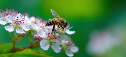 The bee collecting nectar on white spring blossoms with a soft green background