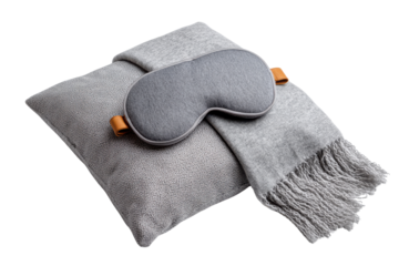 Gray travel pillow eye mask and blanket with leather accents cushion