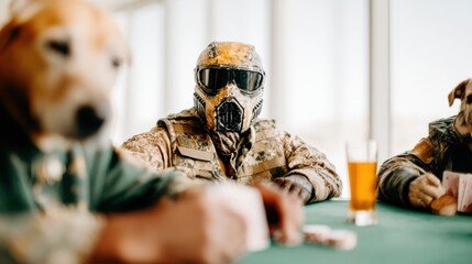 A whimsical scene with dogs in combat gear playing cards at a table, attributes a surreal twist to traditional card games, blending humor with creativity and fantasy.