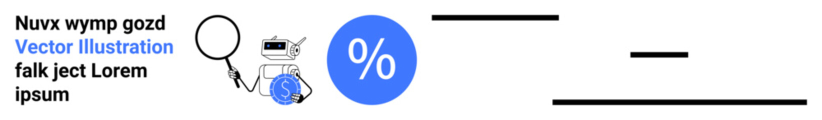 Data analysis, financial research, AI tools, digital economy, information processing, statistics. A robot holds a magnifying glass near a dollar symbol and percentage icon. Data analysis