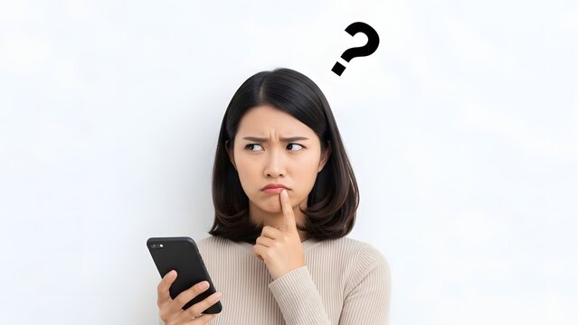 Confused Asian Woman Holding Smartphone with Question Mark Thinking About Digital Choice