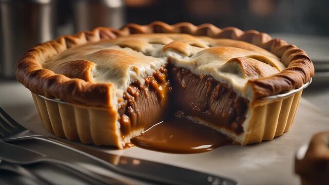 Close-up of a freshly baked pie with a rich, gooey filling oozing from a cut slice.