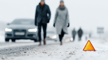 Snowy weather creates a cautionary scene on a road with a warning triangle visible, emphasizing safety during winter travels and the challenges of poor visibility.