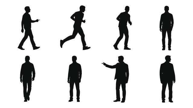 silhouette figures depicting various poses including running standing and gesturing on a white background