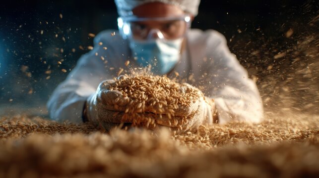 A focused scientist in a lab coat examines a handful of grains, surrounded by a cascade of grains, symbolizing research and innovation in food science.