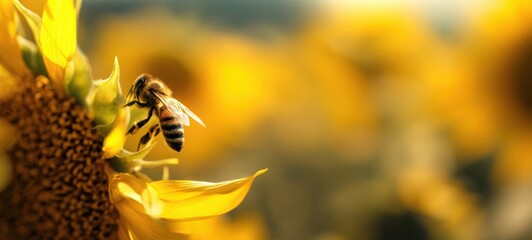 The Bee on a Sunflower in Golden Sunlight with Blurred Background