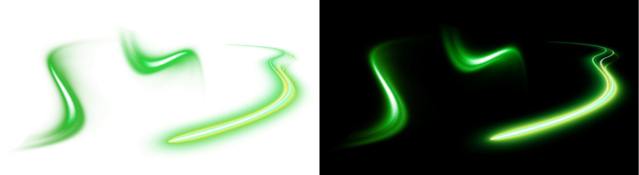 PNG image of Vivid abstract glowing neon green light trails create dynamic swirling energy effects on transparent background