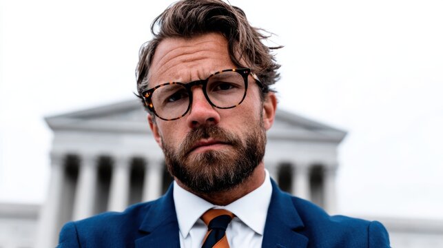 A serious man in a stylish suit and glasses stands confidently in front of a monumental building, symbolizing professionalism, determination, and strength.