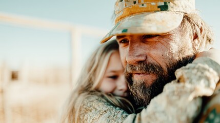 A loving father embraces his daughter in a warm hug outdoors, symbolizing deep familial love and connection against a beautiful nature backdrop, highlighting cherished moments.