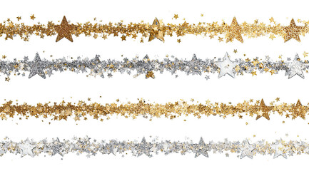 Fototapeta premium Sparkling metallic star garlands on black background. Celebration, holidays, decoration concept