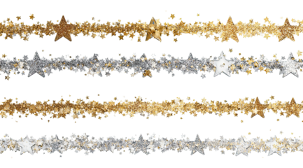 Sparkling metallic star garlands on black background. Celebration, holidays, decoration concept