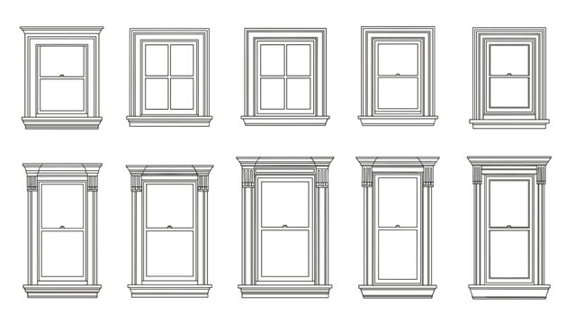 Classic Victorian Sash Window Elevation with Decorative Moldings, Historical Architecture Vector