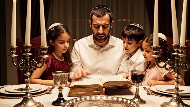 Man, boy, and two girls reading a book together during a Jewish holiday celebration, featuring candles and an ornate table setting.