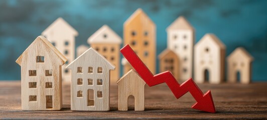 The Houses Symbolize Falling Real Estate Market With Red Downward Arrow And Crisis