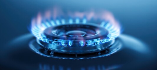 The Gas Burner with Blue Flame Closeup on a Modern Kitchen Stove