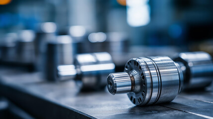 Fototapeta premium Detailed close-up of metallic circular components with industrial parts in focus, defocused background of similar parts, with copy space