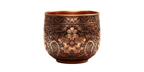 A detailed copper cup with floral and ornamental engravings. Classic, elegant, sophisticated design