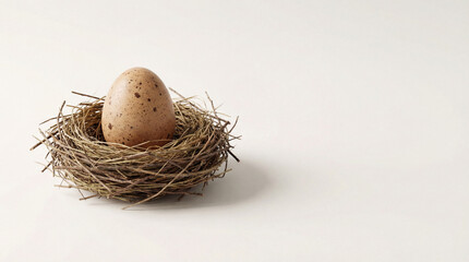 Speckled egg rests in nest. Rustic egg still life with clean copy space, single egg symbol of new life for Easter greeting, Earth Day theme, Mothers Day card, spring equinox mood, soft shadows