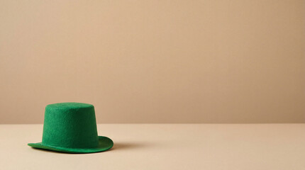 Green hat on neutral background. Felt hat with wide copy space for St Patricks Day promo, hat for Irish parade theme, minimalist studio still life, warm beige tones, cozy spring concept