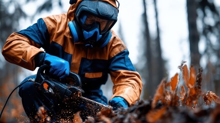 A dedicated worker in protective gear meticulously cutting through foliage with a chainsaw, emphasizing hard work in a forest restoration project during an overcast day.