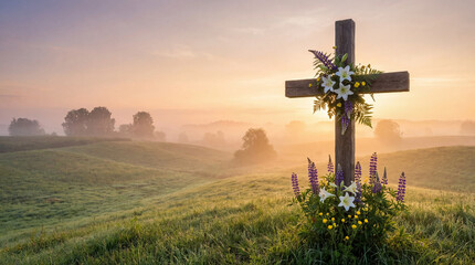Floral cross at sunrise in hills. Wooden cross with lilies and lupines, cross for Easter celebration and Good Friday devotion, misty meadow with copy space for church banner, spring renewal concept