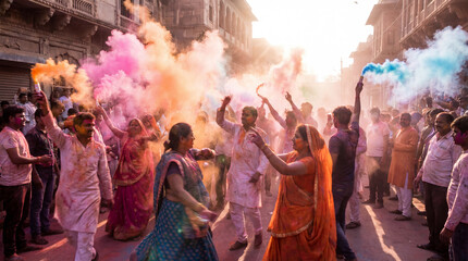 Crowd celebrates Holi with colored smoke. Holi street party fills old town with color smoke, sunlit haze, joyful Holi festival for spring travel promo, cultural celebration background