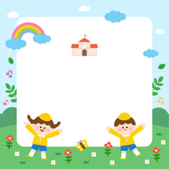 Obraz premium 유치원 입학 등교하는 귀여운 어린이 캐릭터 프레임 배경 일러스트 (학교, 무지개, 꽃)