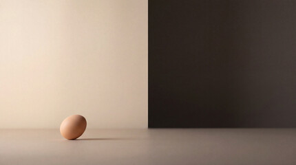 Minimal egg on two tone background. Single egg casts soft shadow on split light dark backdrop for easter greeting, spring sale design, balance concept, copy space for minimalist poster mockup