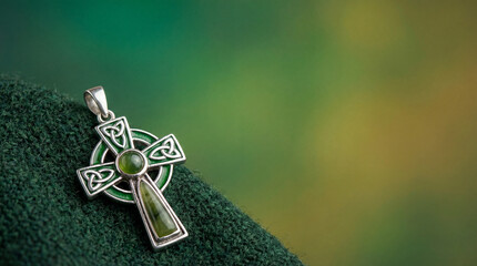 Celtic cross pendant on green knit. Silver cross jewelry with emerald tone stone, close up with soft bokeh, for St Patricks Day greeting, Irish faith concept, copy space, spring marketing banner