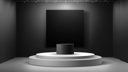 3d blue stand booth for presentation event mockup. Vector promotional blank wall in room display for exhibition with table or podium. Empty expo business cube corner kiosk retail background set