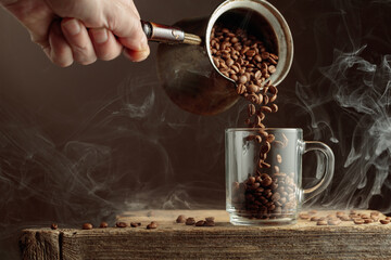 Roasted coffee beans is poured in a clear glass mug.