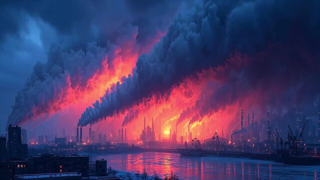 大量のCO2を排出する工場地帯と脱炭素社会への転換を訴える象徴的な産業景観