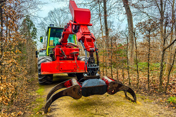Heavy Machinery Works on a Forest Path for Clearing and Maintenance in Winter Time