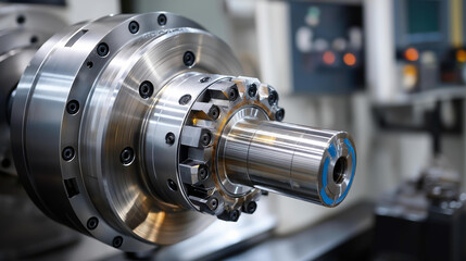 Fototapeta premium Industrial CNC machine processing metal in factory setting, automated machining operation, precision manufacturing equipment, with copy space