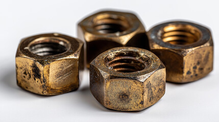 Group of antique brass nuts on white background, vintage hardware components, aged fastener collection, with copy space