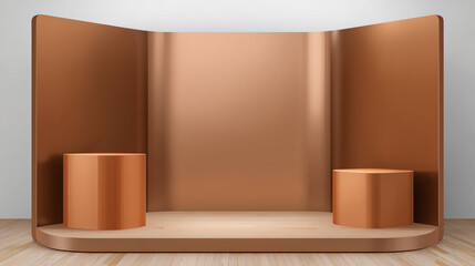 3d dark blue stand booth for presentation event mockup. Vector promotional blank wall in room display for exhibition with table or podium. Empty expo business cube corner kiosk retail background set 