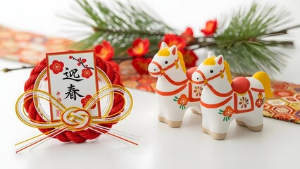Obraz premium Traditional Japanese New Year Decorations with Horse Figurines and Shimenawa Wreath for Good Luck